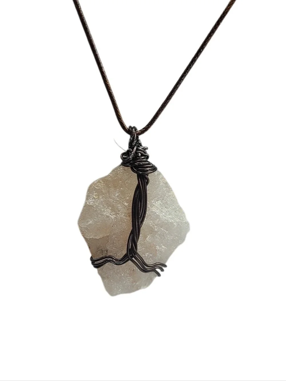 Raw Natural White Stone Handwíred Pendant w/ Cord Necklace NWOT